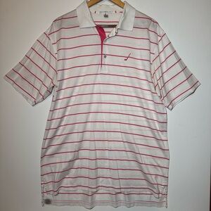 PETER MILLAR Collared Striped Pullover Golf Polo WHITE-PINK / LARGE